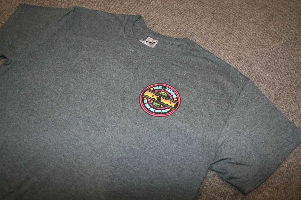 Mr. Zog's Sex Wax neon logo t-shirt in dark heather grey, surf clothing.
