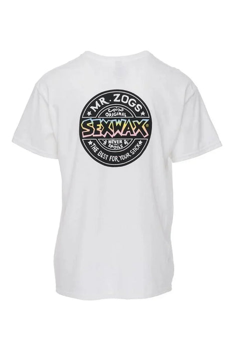 White Mr. Zogs Sex Wax t-shirt with large logo print, surf clothing for watersports enthusiasts.