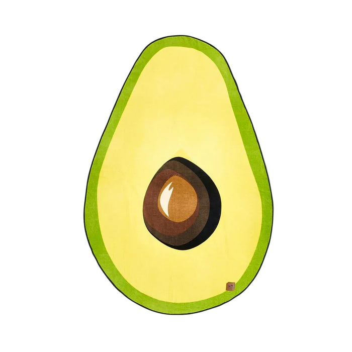 Slowtide avocado-shaped beach towel with green and yellow design, water sports accessory