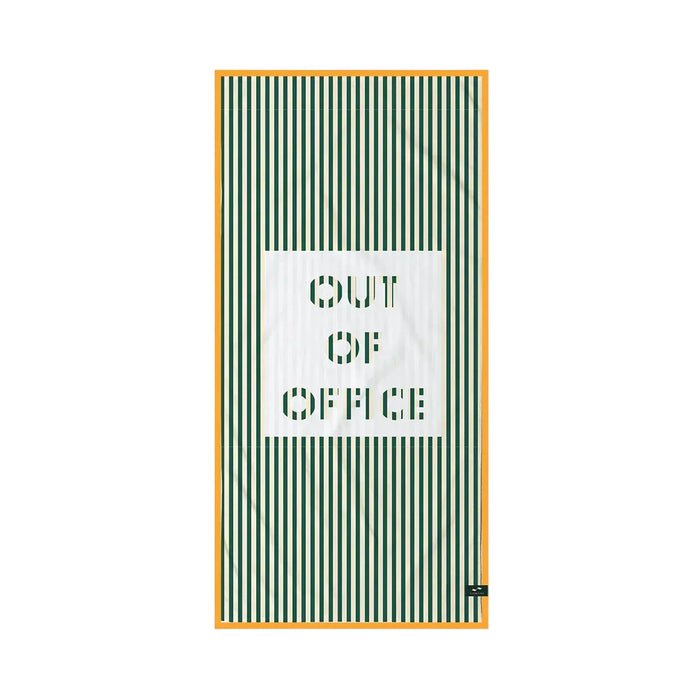 Slowtide premium woven towel with green stripes, yellow border, and 'Out of Office' text