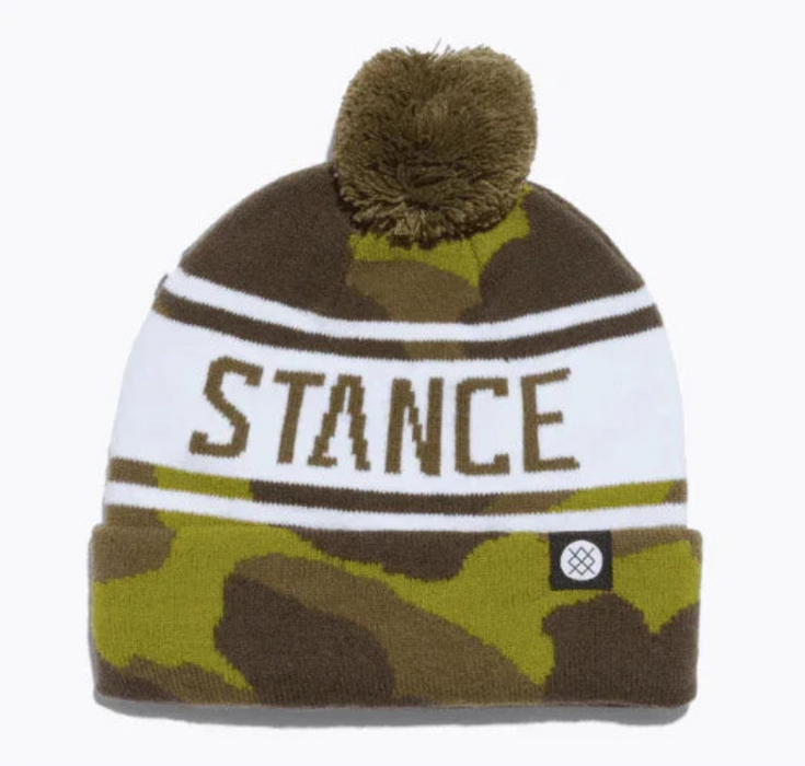 Stance camouflage beanie with pom, olive green and brown pattern, winter watersports headwear
