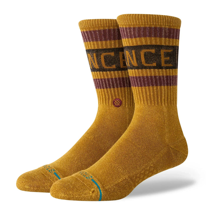 Stance Boyd Limited gold socks with black and burgundy stripes, watersports surf clothing