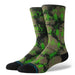 Stance crew socks with green Whoville character print on black and olive tie-dye background