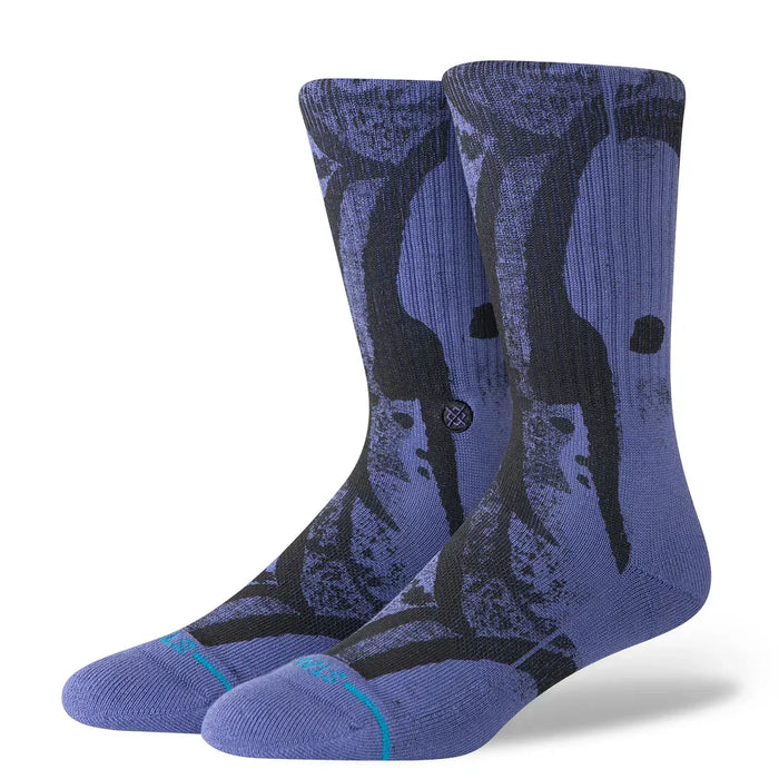 Stance Draper Crew indigo socks with black abstract print, surf style, watersports clothing