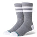 Stance Joven grey crew socks with white stripes and reinforced toe, surf clothing accessory