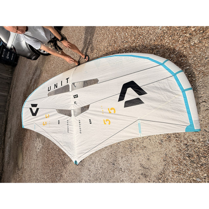 Used Duotone Unit SLS 5.5m wing laid flat, canopy top with UNIT logo and vision window