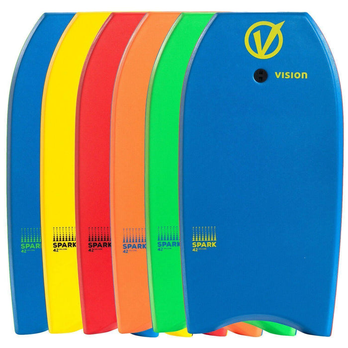 Vision Spark 36 body boards in assorted bright colors, standing in a row