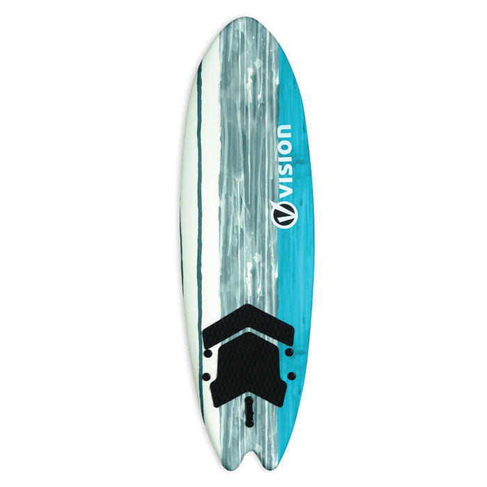 Vision Spark XPS Fish 6'2" foamie surfboard with blue and grey striped design
