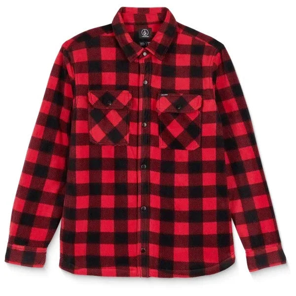 Volcom red and black check fleece shirt with long sleeves and chest pockets