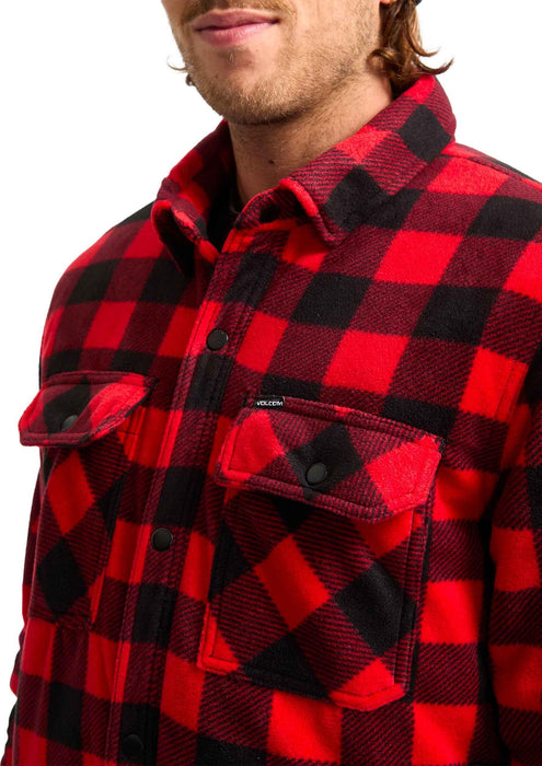 Volcom red and black check fleece shirt with chest pockets, outdoor surf clothing