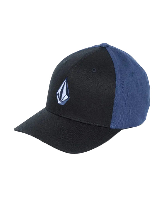 Volcom navy and black flexfit hat with embroidered stone logo on the front panel.