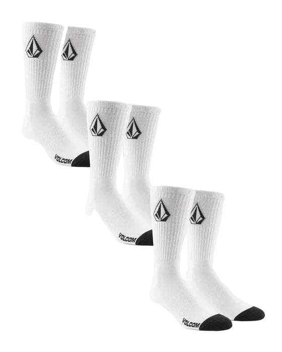 Volcom white crew socks 3 pack with black logo and black toe, surf skate clothing