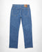 Volcom Modown jeans in bold blue denim, straight leg, rear view with patch and label visible