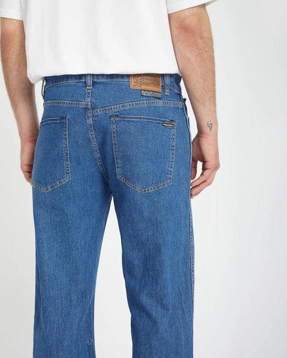 Volcom Modown jeans in bold blue, straight fit, back pockets, men's surf clothing