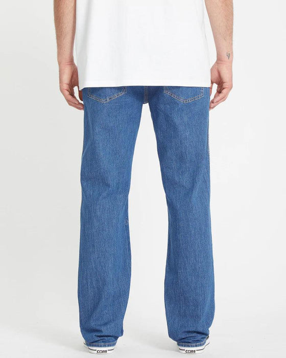 Volcom Modown bold blue jeans, straight leg surf clothing, back view