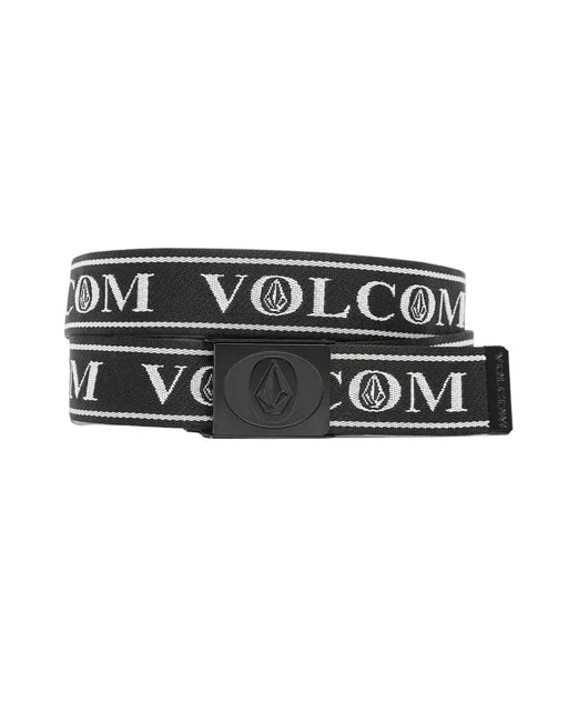 Black and white belt with Volcom logo on a light gray background