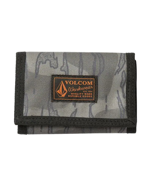 Gray camouflage wallet with Volcom logo on a white background