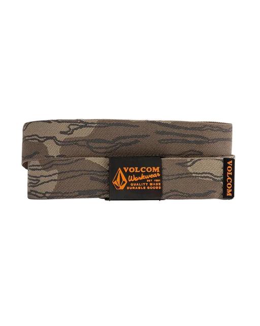 Camouflage belt with Volcom logo on a white background