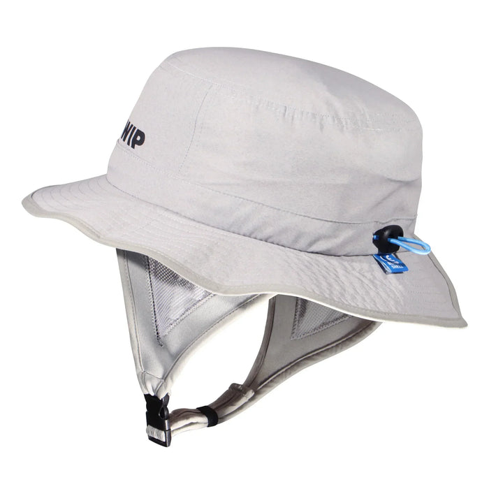 WIP light grey surf hat with chin strap and mesh ear panels for watersports