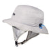 WIP light grey surf hat with chin strap and mesh ear panels for watersports