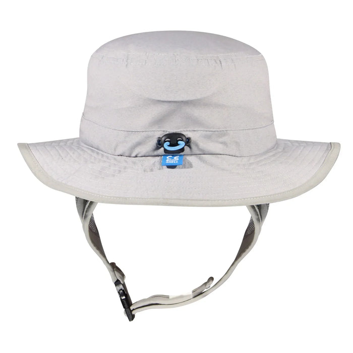 Grey Shell brand surf hat with chin strap and adjustable toggle, ideal for watersports.