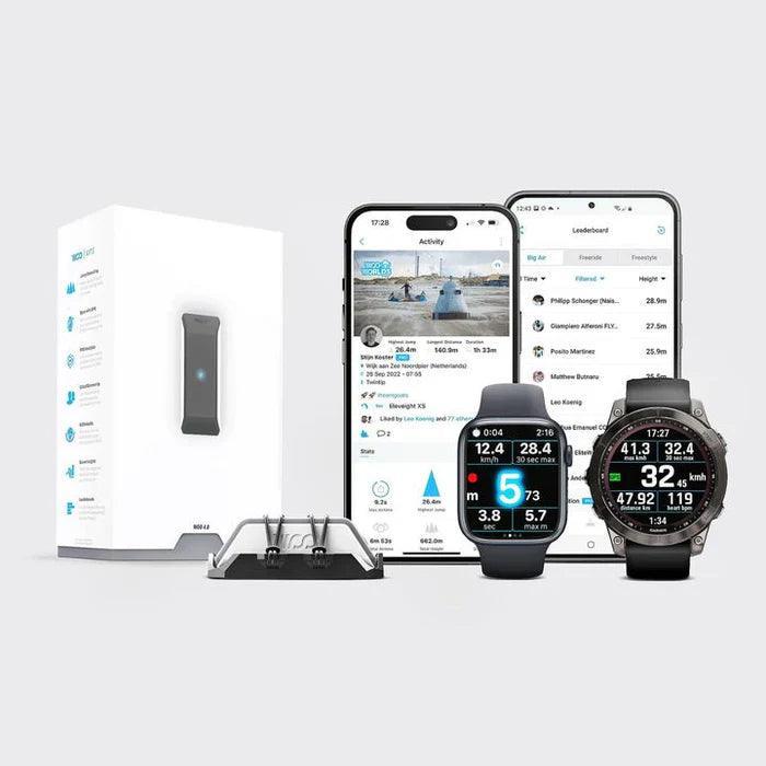 WOO 4.0 kiteboard sensor package with tracker, smartphone apps, and smartwatch displays