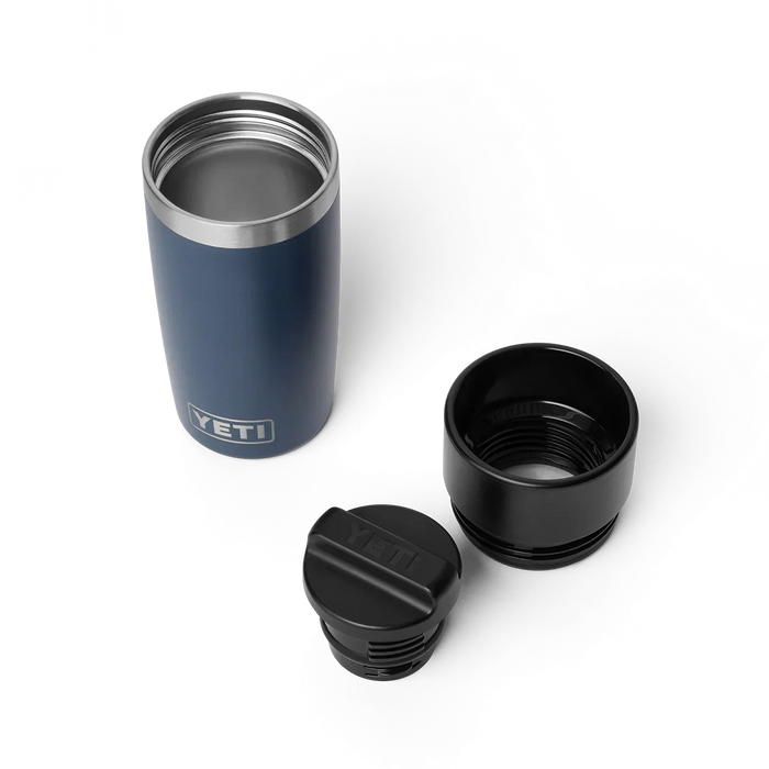 YETI Rambler 12 oz navy travel bottle with two black lids, insulated stainless steel