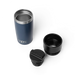 YETI Rambler 12 oz navy travel bottle with two black lids, insulated stainless steel