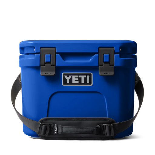 Yeti Roadie 15 cool box in Royal Blue, front view with shoulder strap